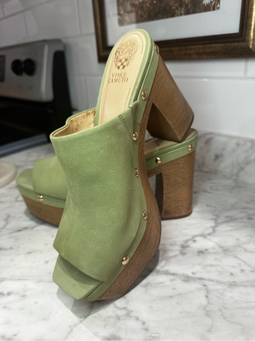 Vince Camuto Pistachio Suede Platform Clog Mules